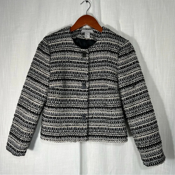 H&M Cropped Metallic Thread Tweed Striped Long Sleeve Jacket Blazer Sz 8 - Picture 1 of 7